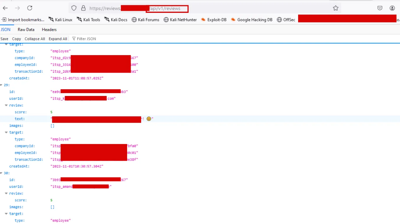 API response showing excessive data exposure with user email addresses, company IDs, and employee IDs leaked through a reviews endpoint