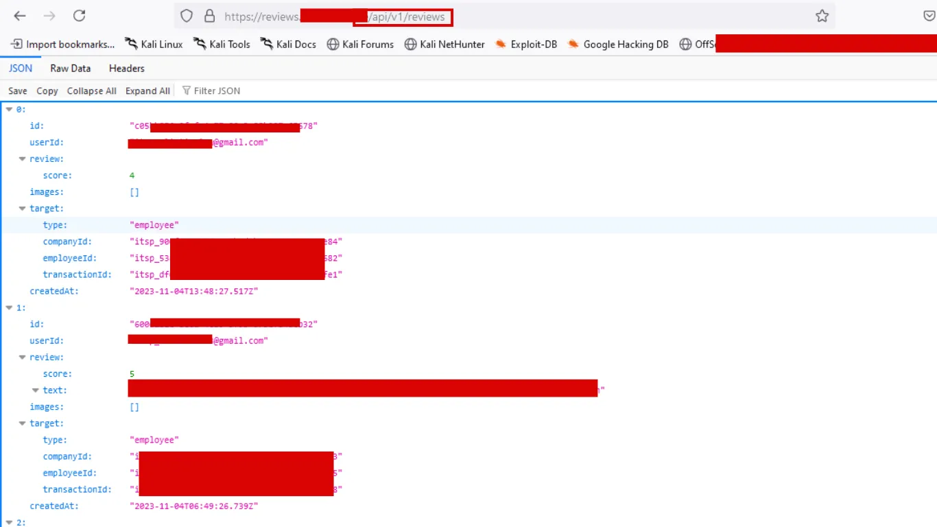Browser showing leaked user data including email addresses and internal system identifiers in an API response