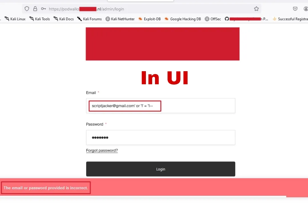 A login form in the browser showing only a generic incorrect email or password error message with no technical detail