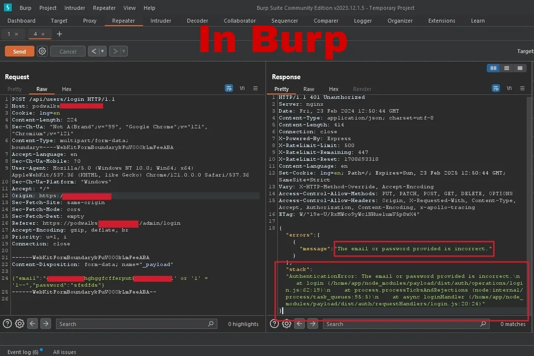 Burp Suite showing a raw 401 response with a full Node.js stack trace that the browser hid behind a generic incorrect password message