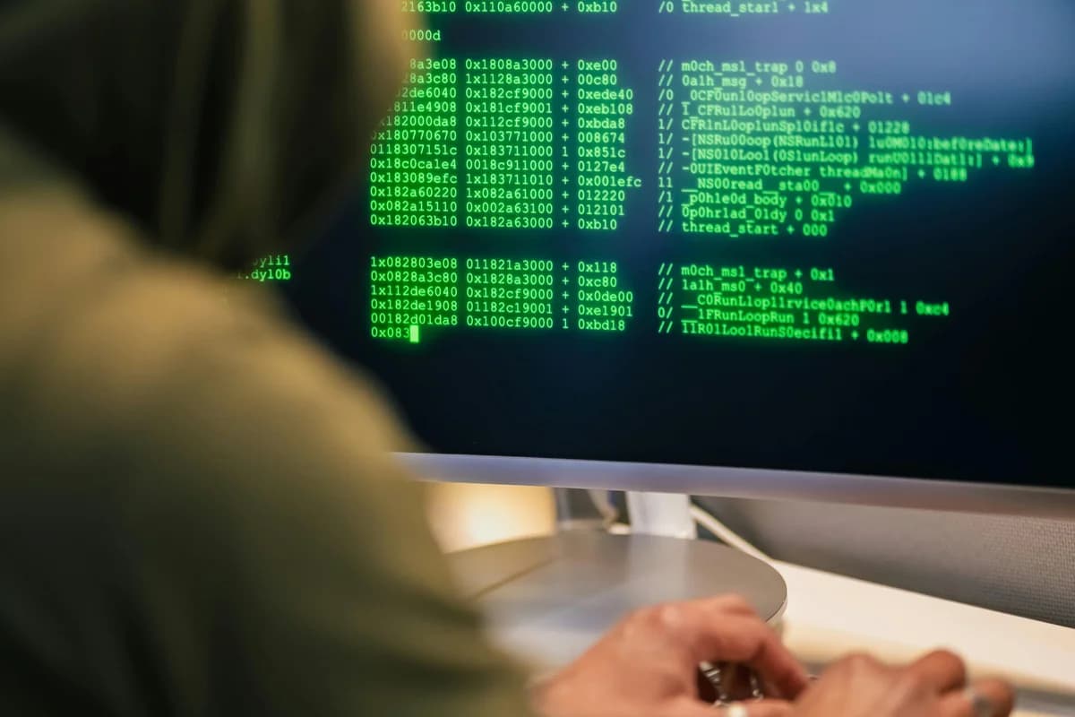Person überwacht Code auf dem Bildschirm, repräsentiert SOC-Analyst-Arbeitsumgebung