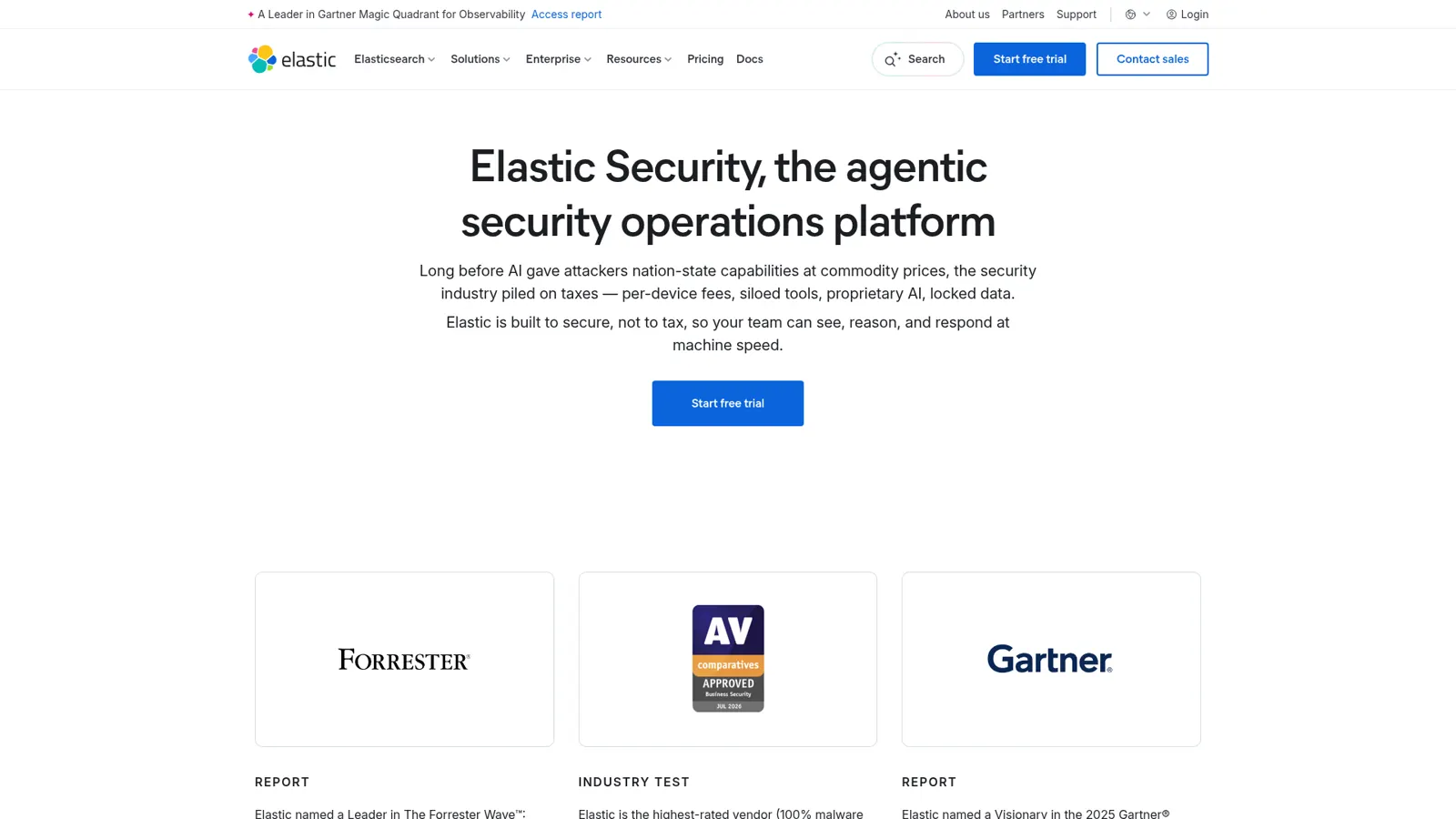 Elastic Security Startseite mit der Überschrift Elastic Security, the agentic security operations platform und einem Button für eine kostenlose Testversion