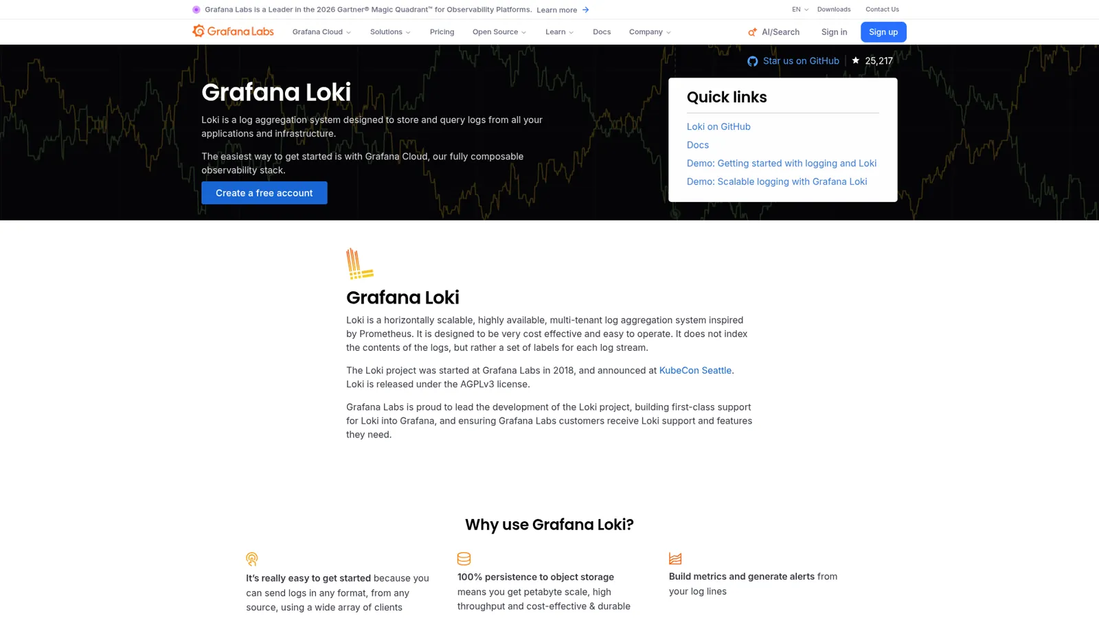 Open-Source-Seite von Grafana Loki, die ein horizontal skalierbares, mandantenfähiges Log-Aggregationssystem nach dem Vorbild von Prometheus beschreibt, veröffentlicht unter der AGPLv3-Lizenz, mit Quicklinks zu GitHub und Doku