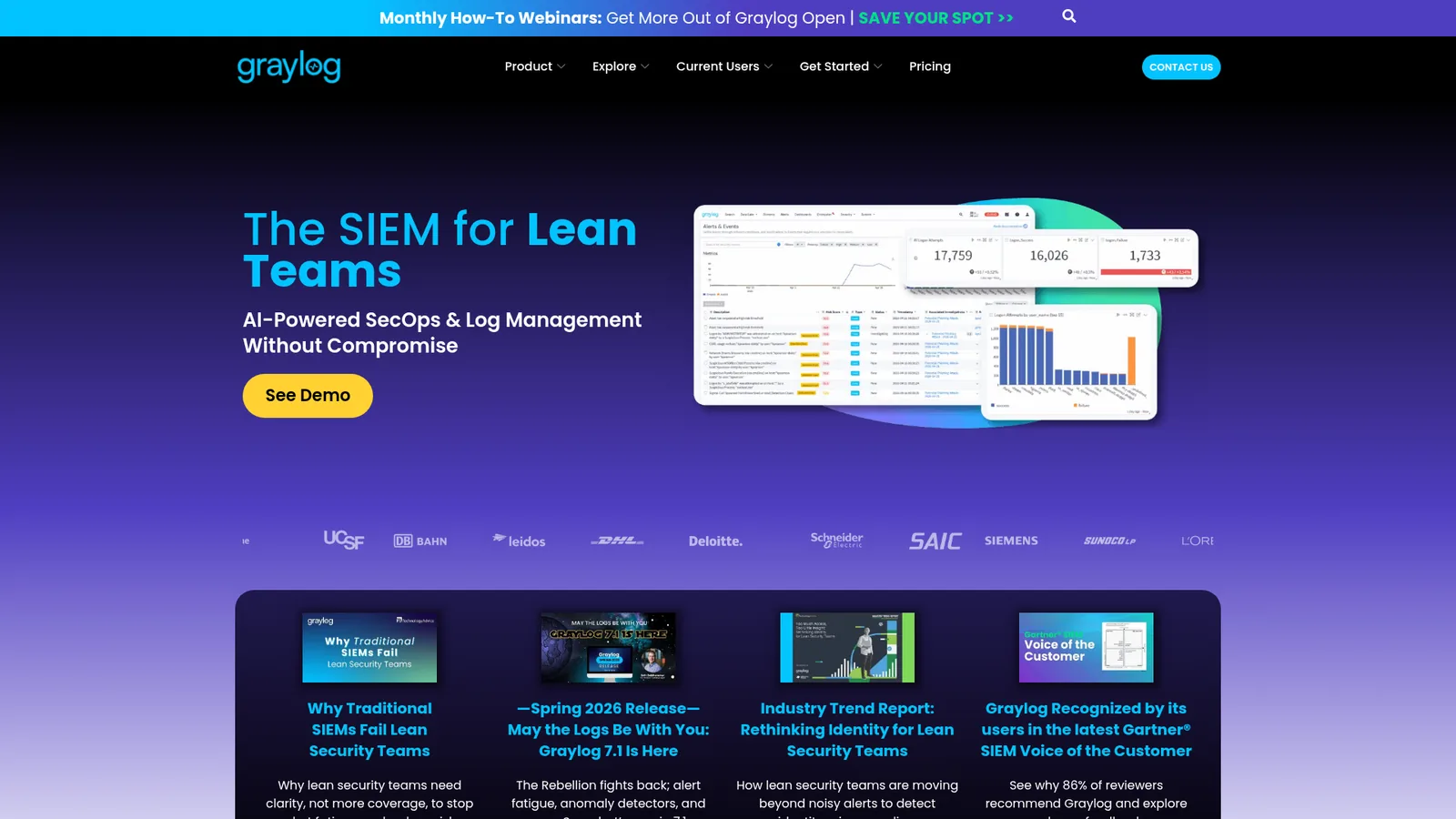 Graylog-Startseite mit der Überschrift The SIEM for Lean Teams, einem Alerts-und-Events-Dashboard und einem Banner für Graylog Open Webinare