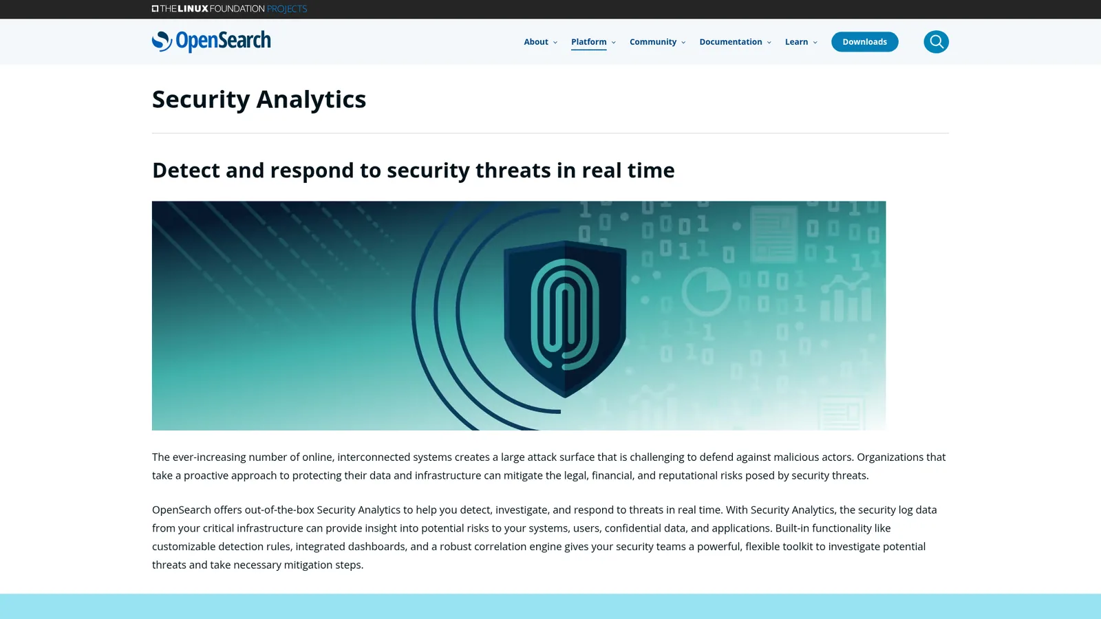 Plattformseite von OpenSearch Security Analytics unter dem Banner The Linux Foundation Projects, Überschrift Detect and respond to security threats in real time