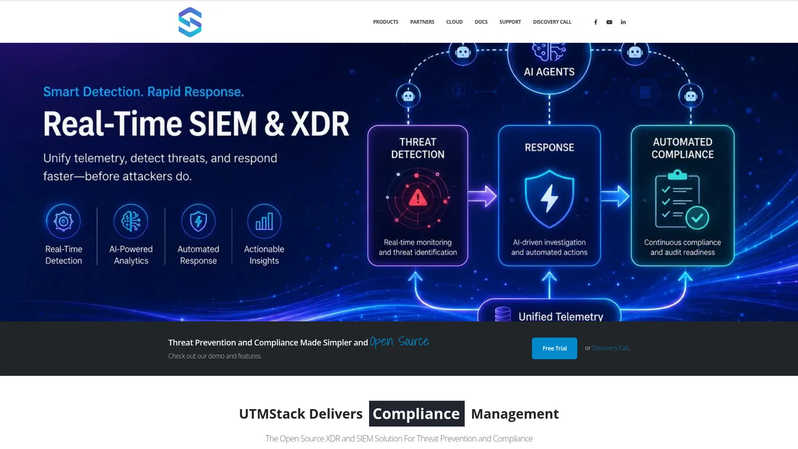 UTMStack-Startseite mit der Überschrift Real-Time SIEM and XDR, einem Diagramm zu Bedrohungserkennung, Reaktion und automatisierter Compliance und einem Button für eine kostenlose Testversion
