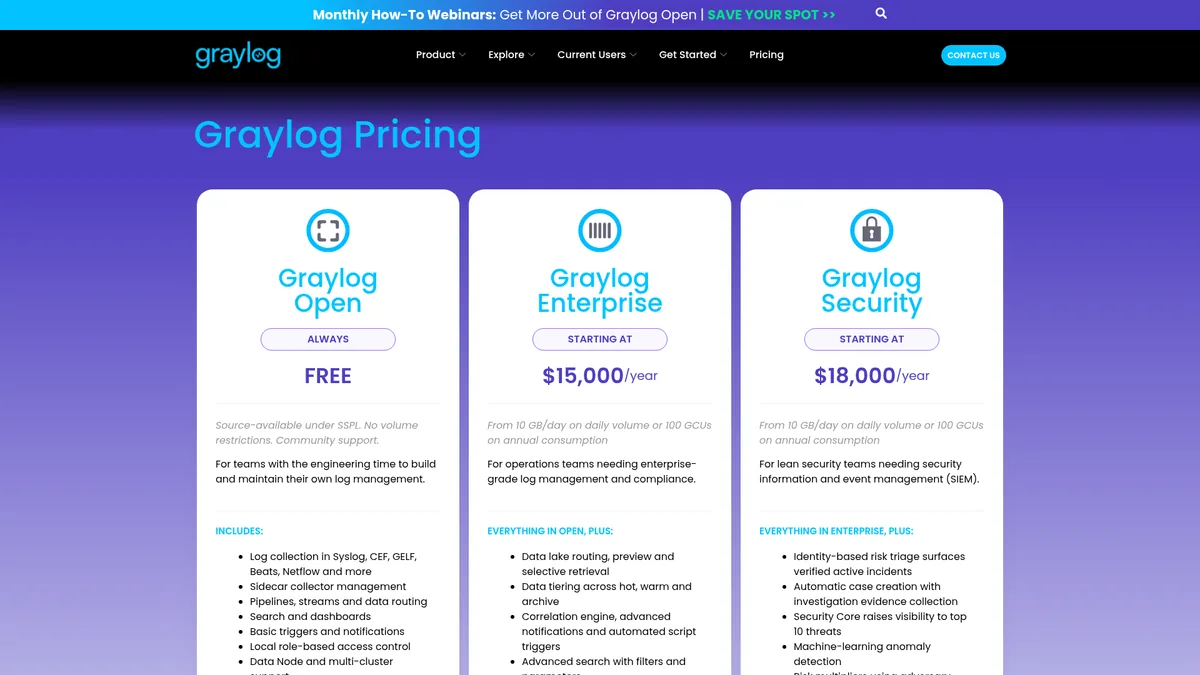 Página de precios de Graylog con tres columnas: Graylog Open siempre gratuito, Graylog Enterprise desde $15,000 al año y Graylog Security desde $18,000 al año, cada uno desde 10 GB al día o 100 GCU