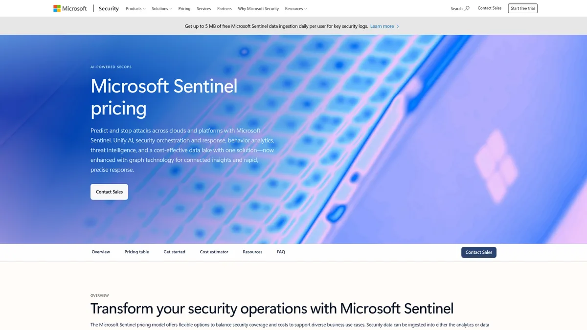 Cabecera de la página de precios de Microsoft Sentinel con las pestañas Overview, Pricing table, Get started, Cost estimator y FAQ, y un banner que ofrece hasta 5 MB de ingesta diaria gratuita por usuario