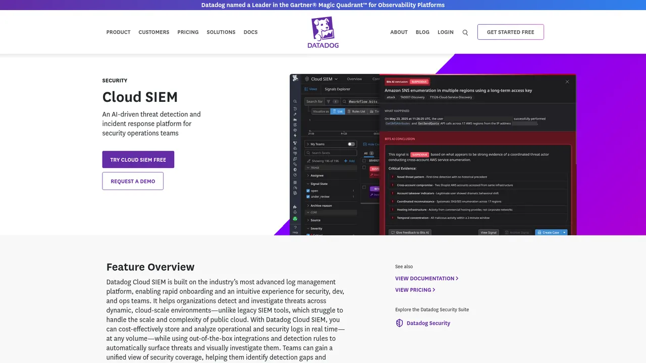Page produit Datadog Cloud SIEM montrant l'explorateur de signaux et un résumé d'investigation généré par IA d'une attaque d'énumération AWS
