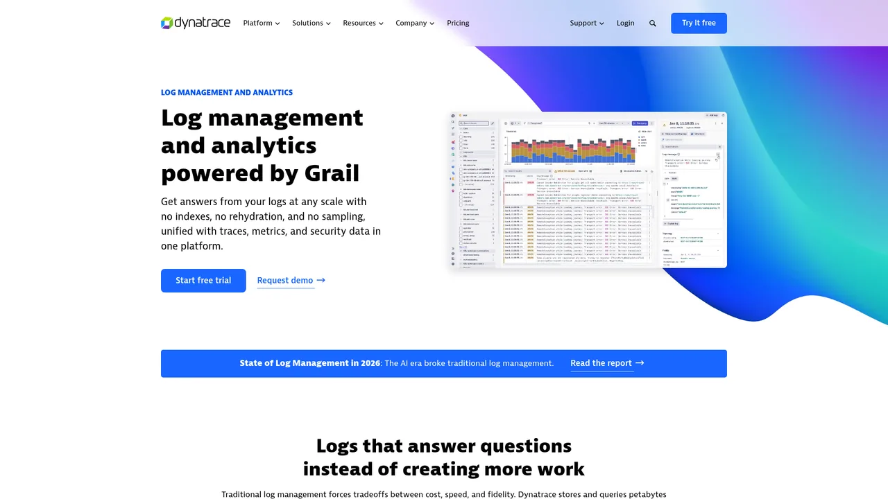 Page produit de gestion et d'analyse des logs Dynatrace décrivant des logs interrogés en contexte sur le data lakehouse Grail