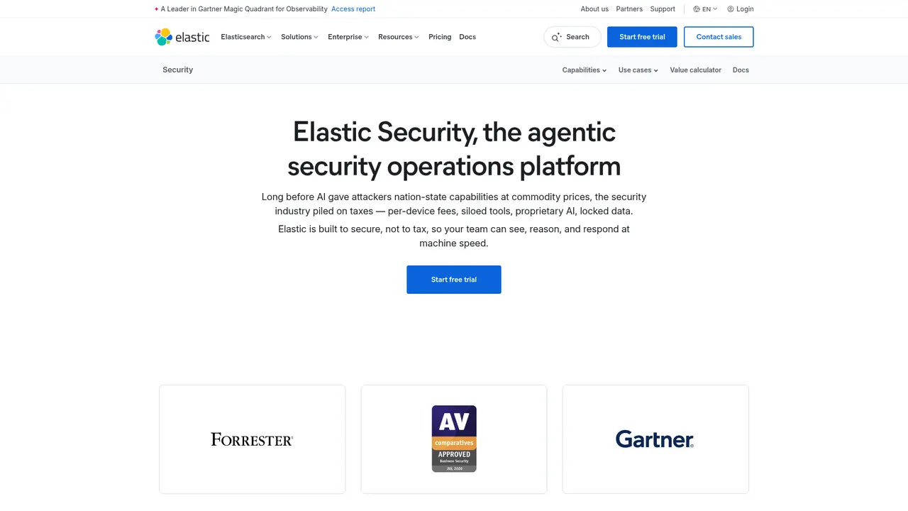 Page produit Elastic Security avec le titre Elastic Security, the agentic security operations platform