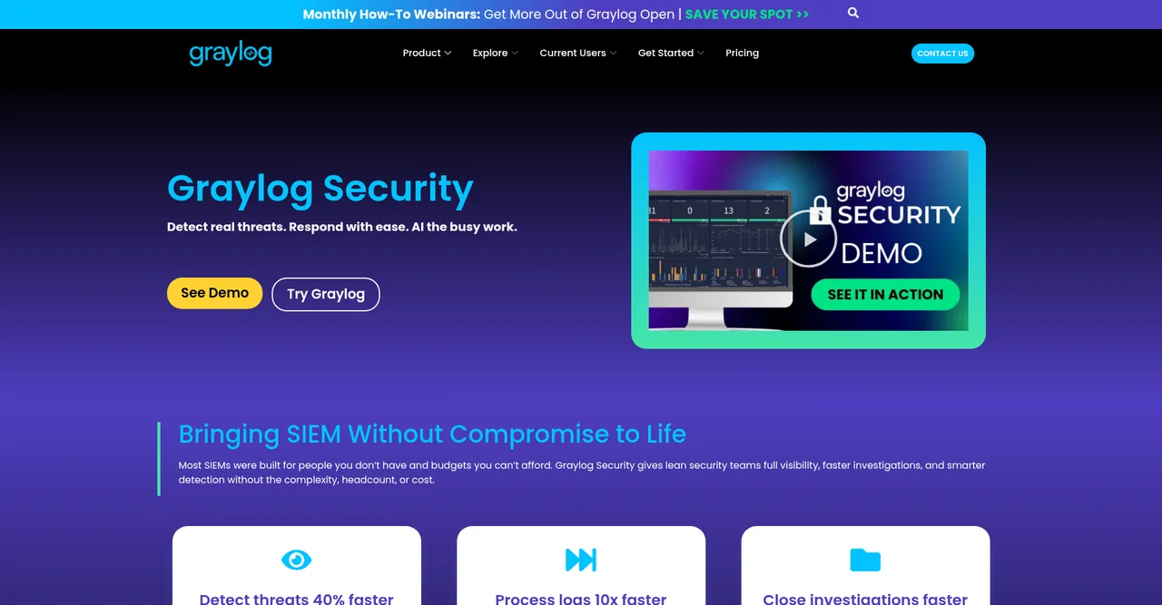 Page produit Graylog Security avec le slogan Detect real threats, respond with ease, et un aperçu de démonstration du tableau de bord