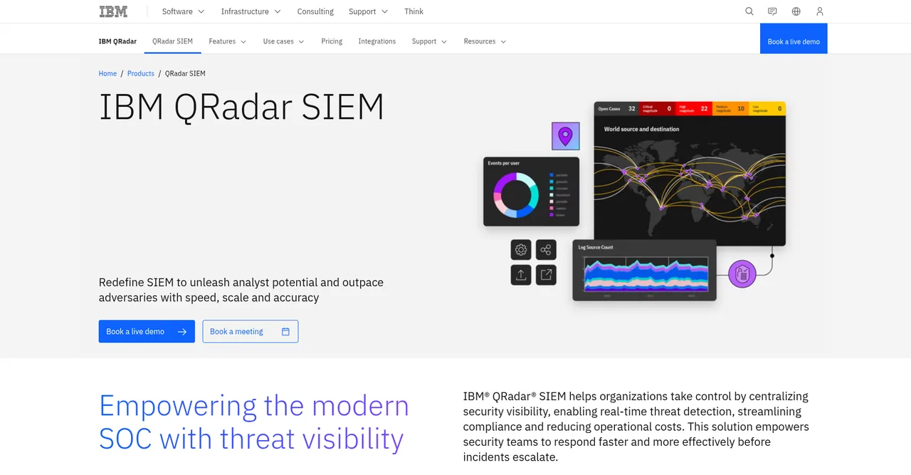Page produit IBM QRadar SIEM montrant le tableau de bord des cas ouverts, la carte mondiale des sources et destinations et les compteurs de sources de logs