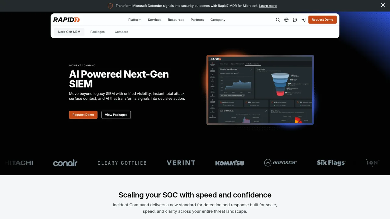 Page produit Rapid7 Incident Command décrivant la plateforme SIEM, de détection et de réponse avec tarification par actif