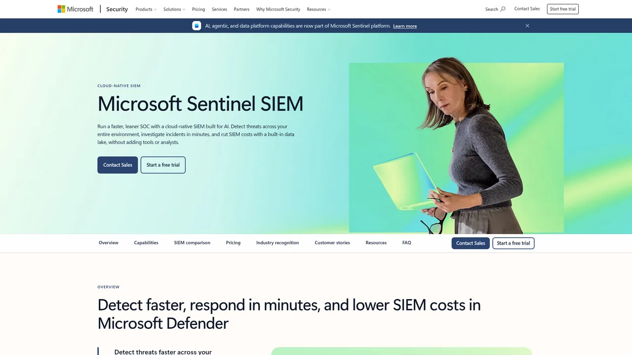 Page produit Microsoft Sentinel SIEM avec le titre Run a faster, leaner SOC with a cloud-native SIEM built for AI