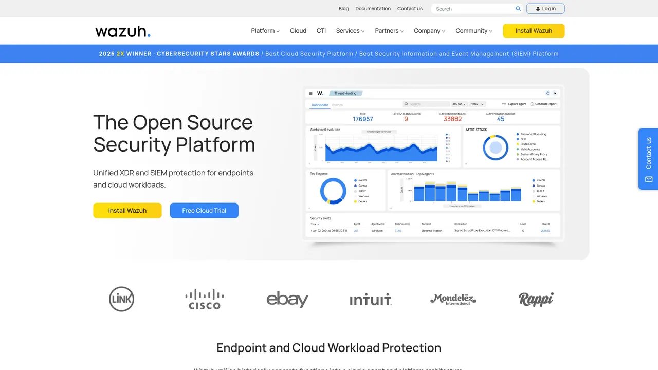 Page d'accueil de Wazuh avec le titre The Open Source Security Platform et un tableau de bord de chasse aux menaces montrant les niveaux d'alerte et les tactiques MITRE ATT&CK